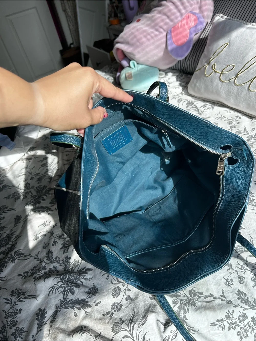 Blue Leather Tote Bag with White Trim